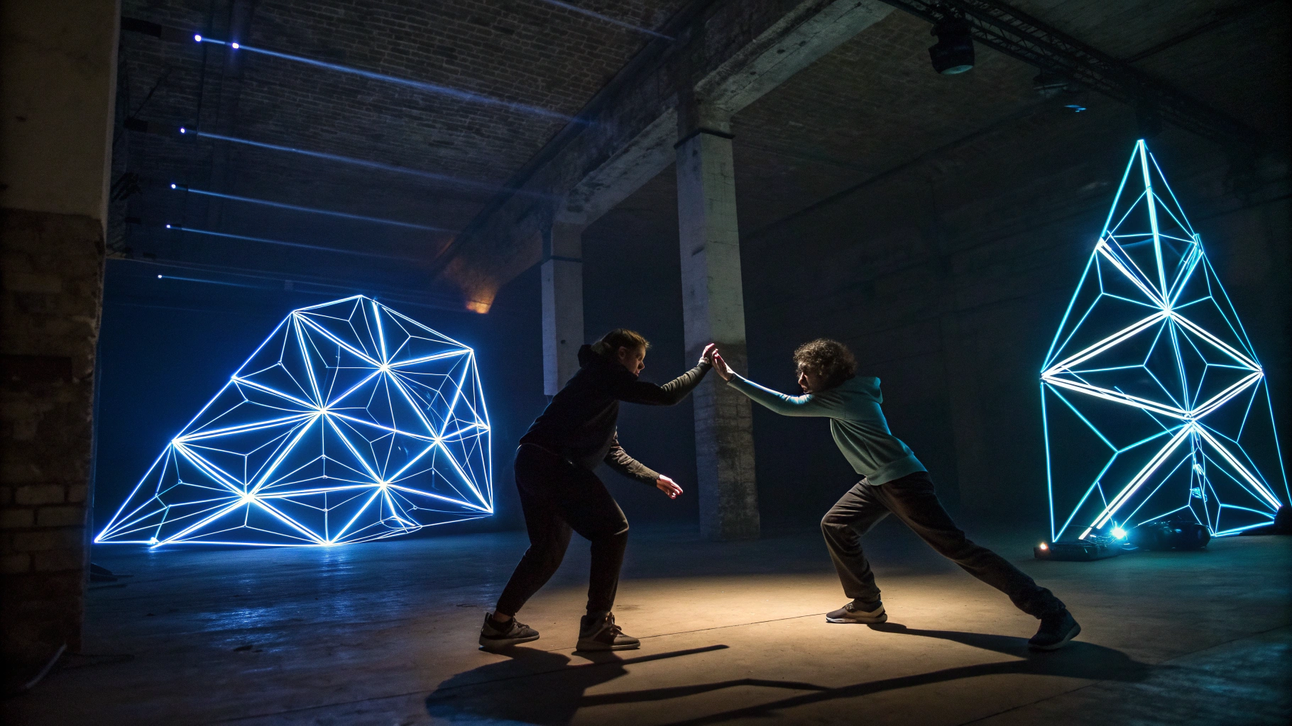 Immersive laser light installation in a dark room