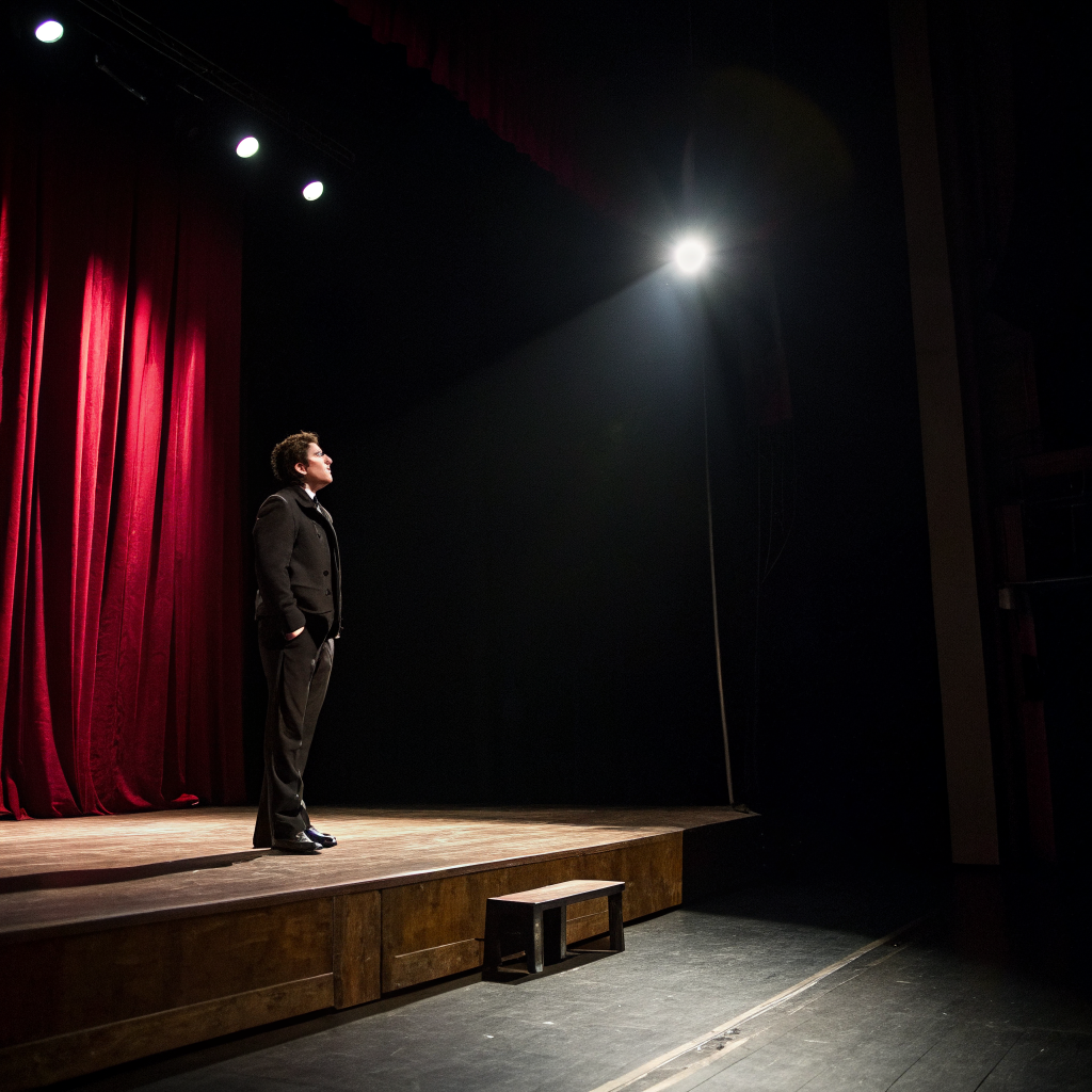 Lone actor on a minimalist stage illuminated by a single spotlight