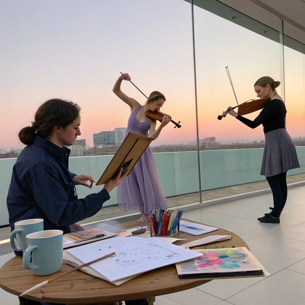 Silhouettes of artists collaborating during a workshop